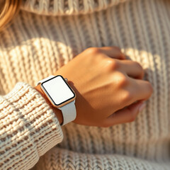 Close-up of a person's wrist wearing a modern smartwatch with a blank white screen, set against a cozy beige knitted sweater background, highlighting technology and fashion accessories.