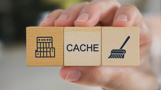 CACHE. Cleaning mobile phone from trash files. Deleting documents with cleansing software. Cache and spam concept for website design or landing web