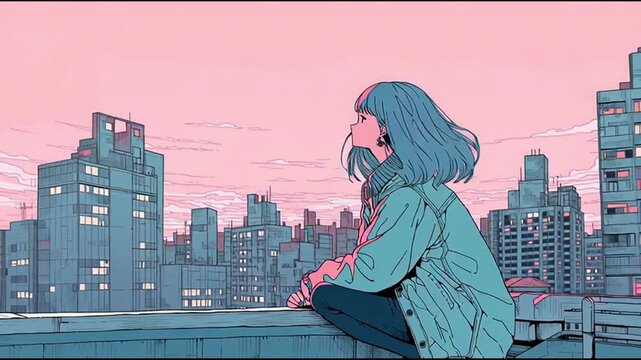 屋上から都会の空を見ている女性