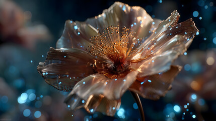 Futuristic metal flower unfolding in holographic void