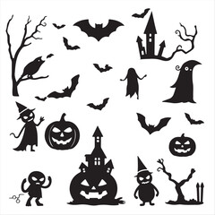 Timeless and elegant modern flat design vector silhouettes, in classic black and white, depicting Halloween icons in simple, two-dimensional shapes on a white background.