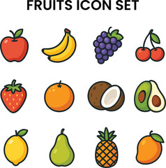 Fruits Icon Set with 12 Colorful Tropical and Seasonal Fruit Vectors in Flat Design

