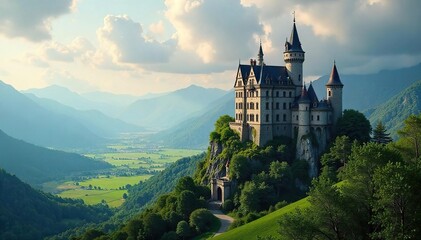 Majestic Medieval Castle on Verdant Hilltop Dramatic Valley and Mountain Vista