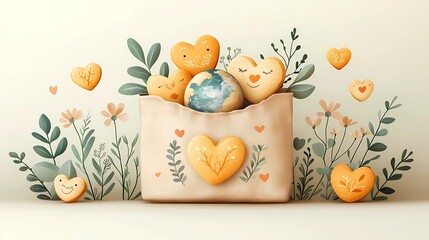 Flat eco illustration of a reusable cloth bag filled with decorated sugar cookies shaped like hearts, leaves, and Earth, surrounded by small eco icons and floral accents