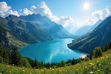 Sun-Drenched Mountain Vista Tranquil Lake Reflecting Vibrant Sky, Lush Green Valley Landscape, Perfect for Travel and Nature Projects