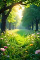Sun-Dappled Meadow Wildflowers Bloom in Peaceful Tranquil Scene, Lush Green Grass, Natural Beauty