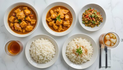 Aromatic chicken curry served with fluffy rice and a side of stir-fried vegetables, accompanied by tea.