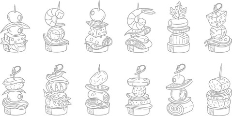 Collection of twelve different hand drawn canap s and appetizers on white background