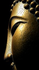 Ancient Textured Golden Buddha Face in Meditative Close-up