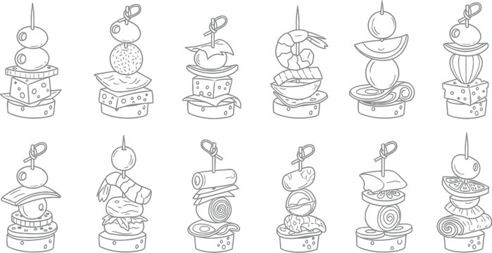 Collection of twelve different hand drawn appetizer canape skewers on white background