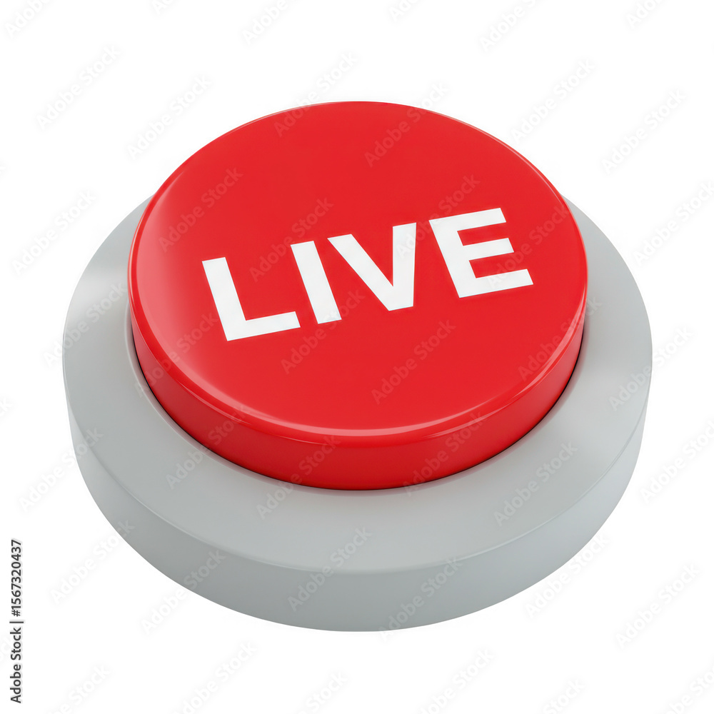 Poster bright red circular button with white live text isolated on transparent background