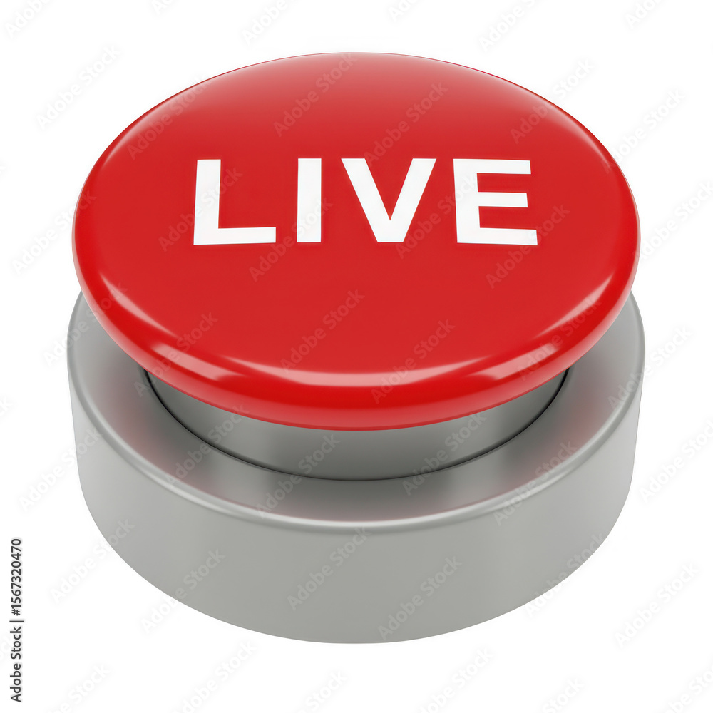 Poster a shiny red button with the word live in white letters isolated on transparent background
