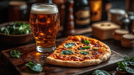 Glass of Beer and Pizza on Wooden Board in Cozy Restaurant Setting