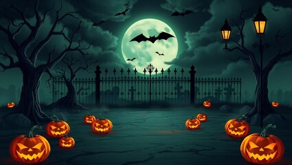 Fototapeta premium Spooky halloween scene with jack o lanterns bats and a full moon