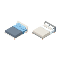 Isometric Bed with Dark Frame and Light Bedding