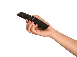 Hand holding remote control isolated on isolated on transparent PNG.