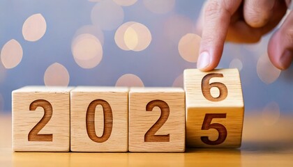 Fingers flip wooden cube from 2025 to 2026 marking the transition to the new year with soft bokeh lights in the background