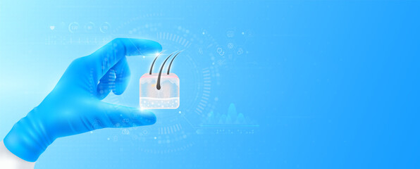 Doctor's hand in blue gloves holding virtual hologram hair skin close up. Checks the result on interface analyzes data. Innovative technologies future medical health care. Banner vector.