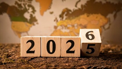 Wooden blocks displaying the year 2025 turning into 2026 with a world map in the background symbolizing global change and future planning