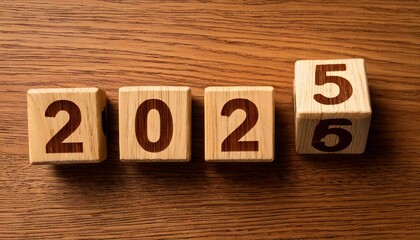 Wooden alphabet blocks spelling out the year 2025 with the last block showing the number five on a wooden background