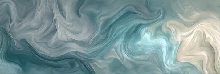 Fototapeta premium Panoramic view of an artistic, swirling gradient in muted teal, gray-blue, and off-white tones, resembling flowing water or smoke, creating a calming and serene visual. 