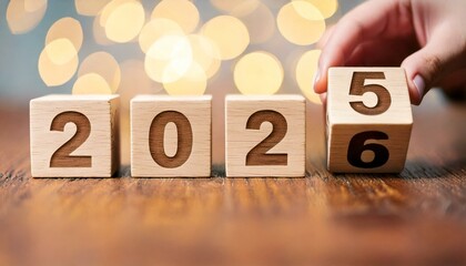 A hand places a wooden cube with the number six onto a sequence of blocks displaying the year two thousand twenty five