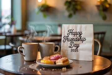 Two steaming cups of coffee and a plate of donuts with a happy friendship day bag in a cafe setting