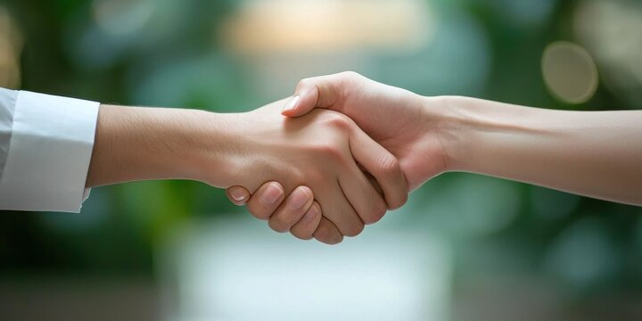 A firm handshake between two business professionals in a corporate office, sealing a partnership.