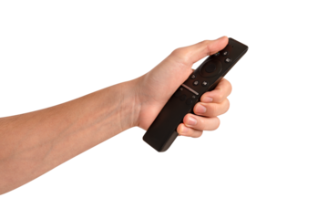 Hand holding remote control isolated on isolated on transparent PNG.