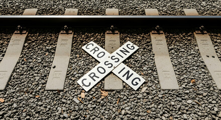 Railroad Tracks And Crossing Sign Represents Journey Safety And Transportation