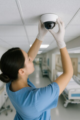 Obraz premium Installing security camera hospital action indoor close-up safety monitoring