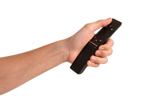 Hand holding remote control isolated on isolated on transparent PNG.