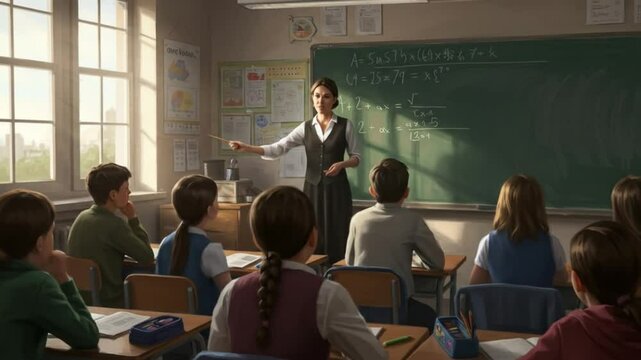 A teacher explains math problems on a chalkboard to students in a classroom setting.