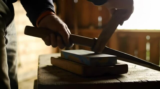 Close up view of knife sharpening on wooden stones in rustic workshop