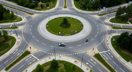 Aerial Perspective Of A Roundabout With Vehicles And Green Island Center