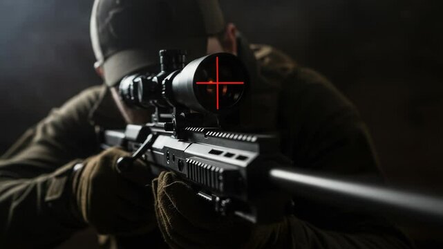 A busines Sniper Aiming High-Powered Rifle with Red Crosshairs, Focused on Target