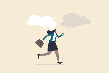 Brain fog causing mental problem or struggle, work anxiety or stress make confusion or depression concept, confused office businesswoman walking with brain fog, smoke or cloud covered her head.