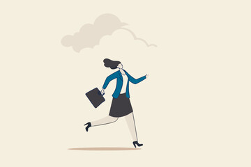 Brain fog causing mental problem or struggle, work anxiety or stress make confusion or depression concept, confused office businesswoman walking with brain fog, smoke or cloud covered her head.