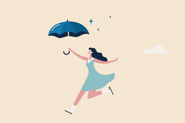 Embrace happiness and positive thinking, protection from depression or anxiety, woman wellbeing and lifestyle concept, cute young adult happy lady holding umbrella dancing in the raining cloud.