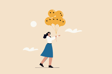 Emotional control and self regulation, stressed management or mental health awareness, feeling and expression concept, calm woman holding balloons with emotion or expression faces, happy, sad or fear.