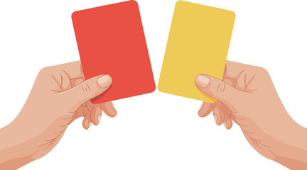 Obraz premium Red and yellow cards in hands referee soccer football penalty foul warning concept