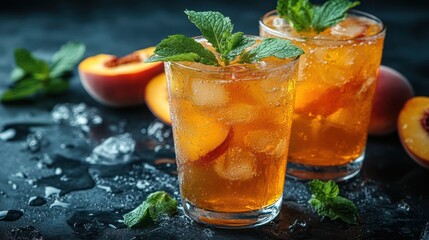 Two glasses of peach lemonade, condensation forming, fresh mint leaves floating, summer freshness