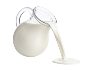 Fresh milk pouring from a jug with smooth flow and splash effect symbolizing dairy freshness and natural liquid isolated on white background