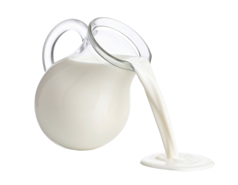 Fresh milk pouring from a jug with smooth flow and splash effect symbolizing dairy freshness and natural liquid isolated on white background