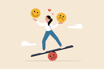 Emotional intelligence, balance emotion control feeling between work stressed or sadness and happy lifestyle concept, mindful calm woman using her hand to balance smile and sad face.