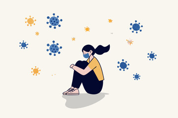 Solitude and depression from social distancing, isolated stay home alone in COVID-19 coronavirus crisis, anxiety from virus infection, Sad unhappy depressed girl sit alone with virus pathogens