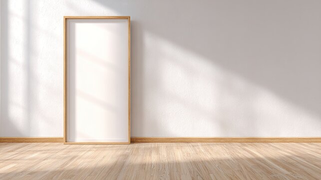Natural wood frame on oak floor, soft shadow on white wall, 3D render style - Minimalist elegance in modern decor
