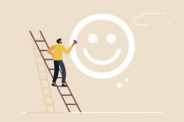 Happiness and positive thinking, optimism or motivation to live happy life concept, happy boy climb up ladder to paint smile face on the wall. © Sector30