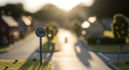 Miniature Town With Roundabout Direction Sign And Warm Sunset Light Casting Shadows