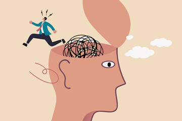 Escapism, escape from depressed mind impacted by COVID-19 pandemic, exit or leave depression, anxiety or stressed lockdown concept, man run away escape from mess tangled line brain on his open head.